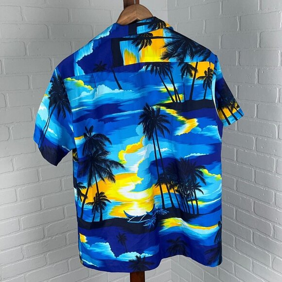 Rai Nani Shirt Men XLarge Blue Yellow Hawaiian Palm Aloha Camp Sun Palm Boat VTG - Picture 3 of 8